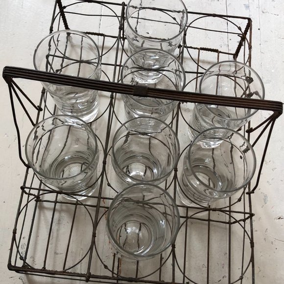 Antique French Fil de Fer Handle Basket/8 Glasses - Picture 7 of 8